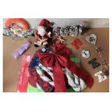 Collection of Christmas Decorations Including Hidden Talents Santa Doll, Wreath, Ornaments, and Pinecones