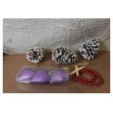 Collection of Christmas Decorations Including Hidden Talents Santa Doll, Wreath, Ornaments, and Pinecones