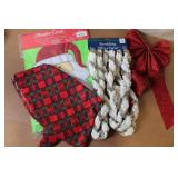 Collection of Christmas Decorations Including Hidden Talents Santa Doll, Wreath, Ornaments, and Pinecones
