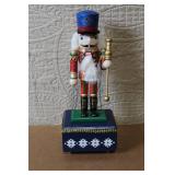 Holiday Nutcracker Marionette Music Box with Blue Hat and Glitter Details