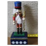 Holiday Nutcracker Marionette Music Box with Blue Hat and Glitter Details