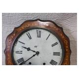 Antique Inlaid Wood Wall Clock with Roman Numerals