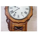 Antique Inlaid Wood Wall Clock with Roman Numerals
