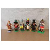 Set of 6 German Wooden Smoker Figurines and 1 Wooden Organ Grinder Figure