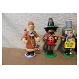 Set of 6 German Wooden Smoker Figurines and 1 Wooden Organ Grinder Figure