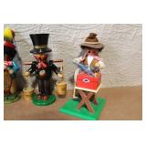 Set of 6 German Wooden Smoker Figurines and 1 Wooden Organ Grinder Figure