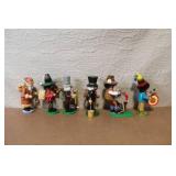 Set of 6 German Wooden Smoker Figurines and 1 Wooden Organ Grinder Figure