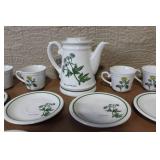 Porcelain Botanical Tea Set with Teapot, 6 Cups and 6 Saucers