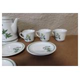 Porcelain Botanical Tea Set with Teapot, 6 Cups and 6 Saucers