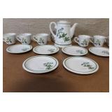 Porcelain Botanical Tea Set with Teapot, 6 Cups and 6 Saucers