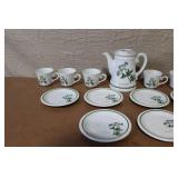 Porcelain Botanical Tea Set with Teapot, 6 Cups and 6 Saucers
