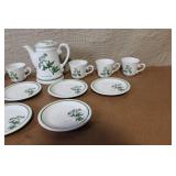 Porcelain Botanical Tea Set with Teapot, 6 Cups and 6 Saucers