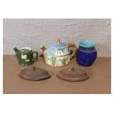 Vintage Hall Teapot, Cottage Teapot, Blue Pottery Mug, and Sad Iron Lids Set