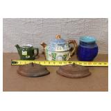 Vintage Hall Teapot, Cottage Teapot, Blue Pottery Mug, and Sad Iron Lids Set