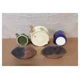 Vintage Hall Teapot, Cottage Teapot, Blue Pottery Mug, and Sad Iron Lids Set