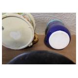 Vintage Hall Teapot, Cottage Teapot, Blue Pottery Mug, and Sad Iron Lids Set
