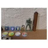 Vintage Toy Collection with Studebaker Badge, Davy Crockett Wallet, and Handcuffs