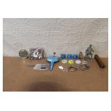 Vintage Toy Collection with Studebaker Badge, Davy Crockett Wallet, and Handcuffs