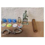 Vintage Toy Collection with Studebaker Badge, Davy Crockett Wallet, and Handcuffs