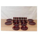 Set of 20 Vintage Red Glass Dinnerware Pieces - Plates, Bowls, Goblets