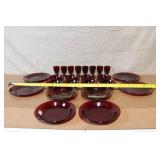 Set of 20 Vintage Red Glass Dinnerware Pieces - Plates, Bowls, Goblets