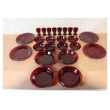 Set of 20 Vintage Red Glass Dinnerware Pieces - Plates, Bowls, Goblets