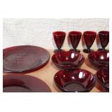 Set of 20 Vintage Red Glass Dinnerware Pieces - Plates, Bowls, Goblets
