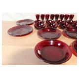 Set of 20 Vintage Red Glass Dinnerware Pieces - Plates, Bowls, Goblets