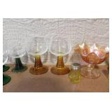Vintage Colored Glassware Collection with Goblets, Compote, and Shakers