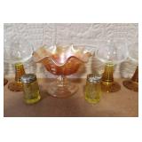 Vintage Colored Glassware Collection with Goblets, Compote, and Shakers