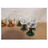 Vintage Colored Glassware Collection with Goblets, Compote, and Shakers