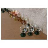 Vintage Colored Glassware Collection with Goblets, Compote, and Shakers