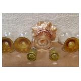 Vintage Colored Glassware Collection with Goblets, Compote, and Shakers