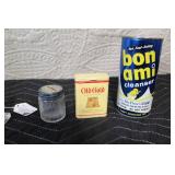 Collection of Vintage Glass Jars, Old Gold Tin, and Bon Ami Cleanser