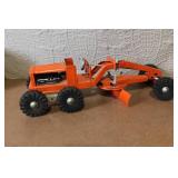 Vintage Orange Metal Toy Road Grader with Rubber Tires