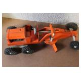 Vintage Orange Metal Toy Road Grader with Rubber Tires