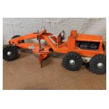 Vintage Orange Metal Toy Road Grader with Rubber Tires