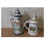 Pair of German Beer Steins with Pewter Lids and City Scenes