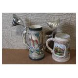 Pair of German Beer Steins with Pewter Lids and City Scenes