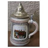 Pair of German Beer Steins with Pewter Lids and City Scenes