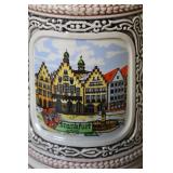 Pair of German Beer Steins with Pewter Lids and City Scenes