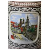 Pair of German Beer Steins with Pewter Lids and City Scenes