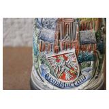 Pair of German Beer Steins with Pewter Lids and City Scenes