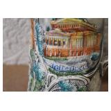 Pair of German Beer Steins with Pewter Lids and City Scenes