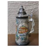 Pair of German Beer Steins with Pewter Lids and City Scenes