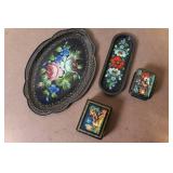Set of 4 Russian Hand Painted Lacquer Boxes and Trays