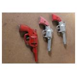 Set of 3 Vintage Toy Cap Guns with Red and Silver Finish