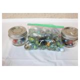 Large Assorted Collection of Vintage and Modern Glass Marbles in Jars and Bag