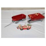 Vintage Red Toy Metal Wagon, Wheelbarrow, and Holiday Ornament Set