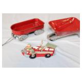 Vintage Red Toy Metal Wagon, Wheelbarrow, and Holiday Ornament Set